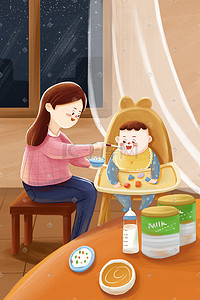 牛奶海报插画图片_母婴主题妈妈给宝宝喂食