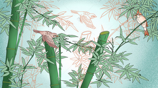 绿色中国风竹子插画图片_中国风工笔花鸟竹子