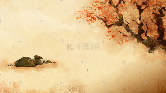 中国风复古水墨插画图片_中国风水墨古风秋天树叶落叶树黄色复古背景
