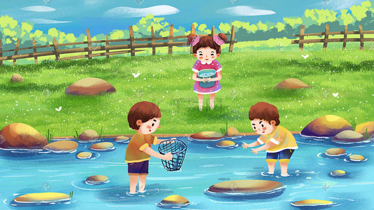 六一儿童节90年代夏天童年河流玩耍摸鱼天空草地插画背景六一