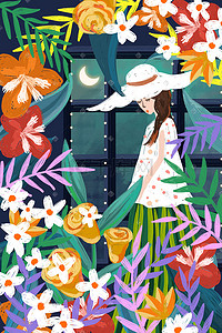 花绿叶插画图片_戴帽子花丛中的女孩