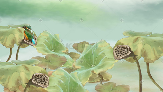 莲蓬插画图片_国画秋季荷塘寒露霜降节气风景