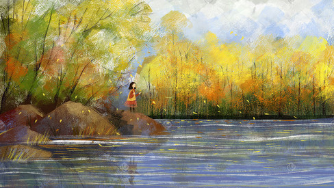 秋天油画女孩在湖边一个人