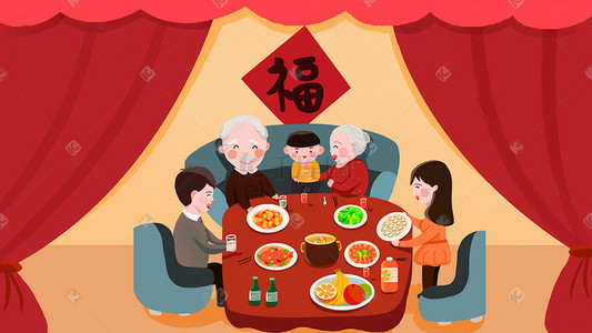 吃饺子春节插画图片_新年春节欢庆春节合家团圆