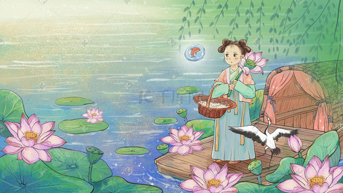 古风主题之春天在湖边的女孩子场景