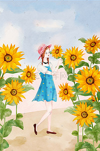 少女向日葵插画图片_水彩清新少女与向日葵