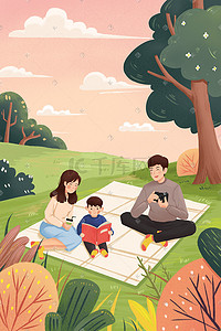 野餐用品插画图片_儿童节一家人外出郊游六一