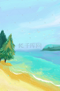 波浪风格插画图片_油画风格蓝色海边沙滩美景