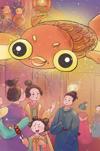 新年春节中国风古风主题之元宵花灯金鱼花灯场景插画图片-千库网