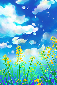 盘子里小的油菜插画图片_天空蓝天云花油菜花朵花背景