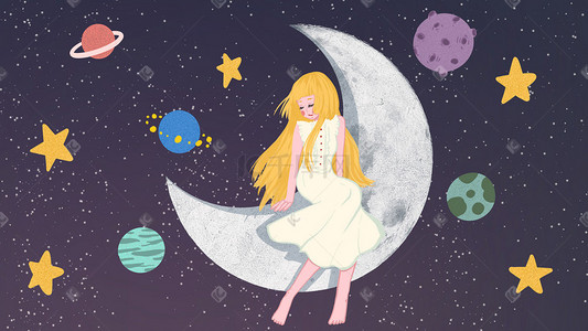 冷淡风夜空中坐在月亮上的女孩