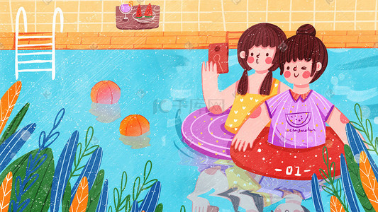 游泳池插画图片_卡通可爱扁平节气小暑女孩游泳池自拍配图