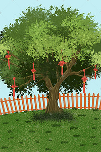 树叶卡通树叶插画图片_大树祈福祈祷草地树叶卡通手绘夏天树木
