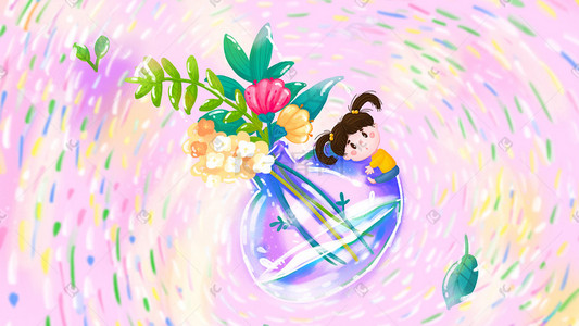 紫色玻璃瓶插画图片_色彩缤纷花瓶植物女孩水