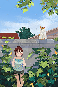 吊带插画图片_吊带女孩与猫的夏天