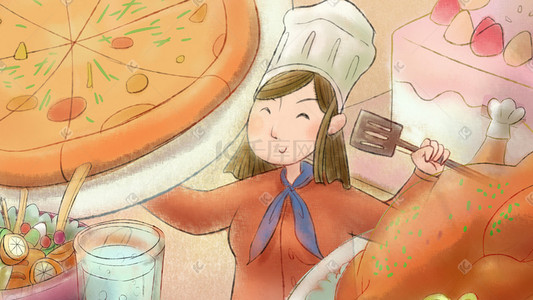 卡通双拼披萨插画图片_卡通手绘风职业人物厨师配图