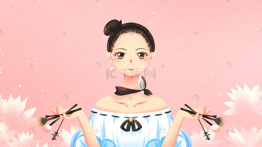 卡通化妆美女插画图片_粉色唯美卡通小清新美妆化妆场景配图