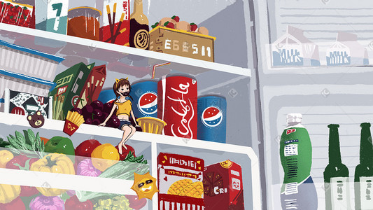 冰箱里的食物插画图片_冰箱里的女孩清新治愈系插图