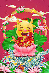 新年浪花插画图片_2021年金牛贺岁牛运连连