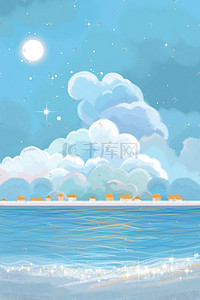 有鱼的海洋插画图片_天空蓝天云海海洋海浪大海唯美背景