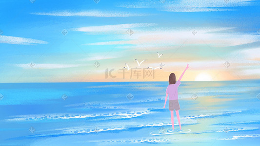 夏日海边风景和少女