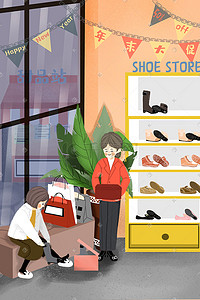 年末促销插画图片_春节人物活动过新年逛街买新鞋清新风格图618