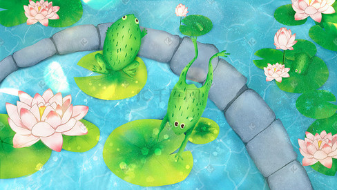 夏季池塘青蛙跳跃美景