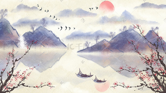 水彩风景古风插画图片_中国水墨风山川河流风景配图