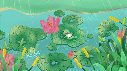 青蛙绿色插画图片_大暑小暑节气绿色荷塘