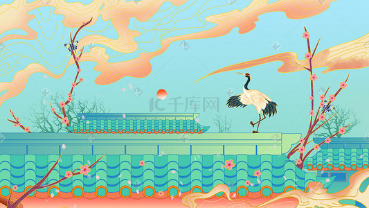 中式工笔插画图片_风格治愈屋顶风景