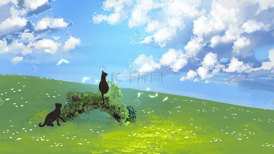 蓝色系简约插画图片_唯美治愈夏天猫咪场景