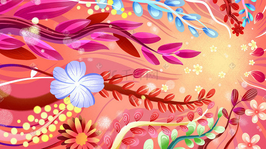色彩背景图插画图片_粉色系卡通手绘风缤纷色彩花卉配图