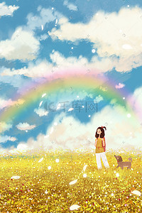 看到插画图片_女孩带宠物出门旅游看到彩虹风景