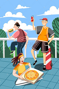 汉堡薯条图插画图片_蓝色系卡通手绘风美食披萨汉堡配图
