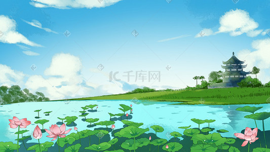 五缘湾湿地公园插画图片_夏天手绘公园唯美荷花春游配图