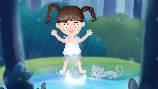 夏季河水插画图片_夏季大暑小暑女孩猫月亮