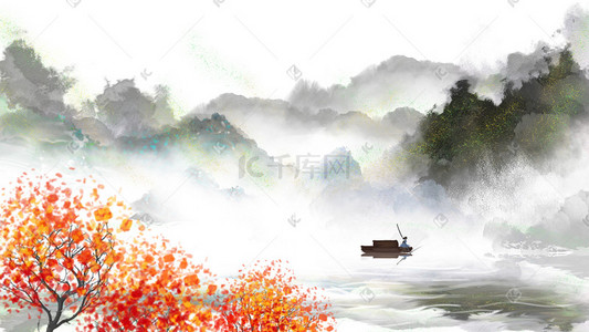 简约中插画图片_治愈水墨中国风古典山水唯美船只意境美