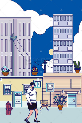 房子插画扁平图片素材_城市生活之晨练扁平原创插画