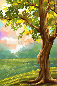 手绘树木树木背景插画图片_春天风景手绘背景