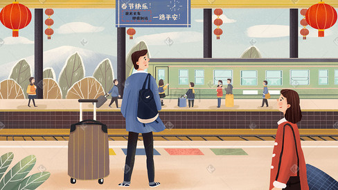 新年春节春运火车站等待火车场景
