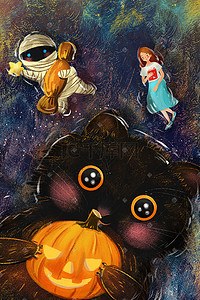 黑猫插画图片_万圣节主题之大黑猫南瓜可爱