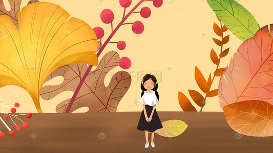 卡通黄树叶插画图片_黄色系卡通手绘风立秋秋天树叶女孩配图