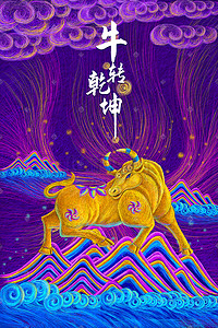 2021年新年插画图片_新年春节2021年牛年春节喜庆梦幻牛转乾坤