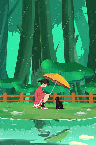 下雨天女孩为猫咪打伞