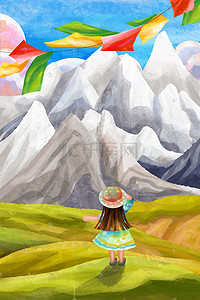 蓝天雪山背景插画图片_大西北可可西里雪山背景