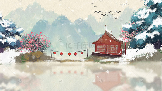 中国风唯美背景插画图片_古风中国风唯美冬天小雪雪景小鸟背景