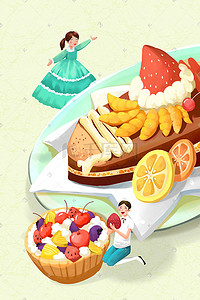 沙拉卡通插画图片_卡通手绘风美食水果沙拉蛋糕配图