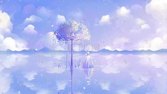 紫风景插画图片_蓝色唯美治愈天空蓝天云树小清新背景