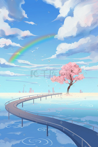 夏天海天空蓝天云樱花彩虹桥风景插画背景