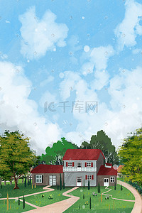 欧式头花插画图片_乡村天空欧式房屋背景通用风景